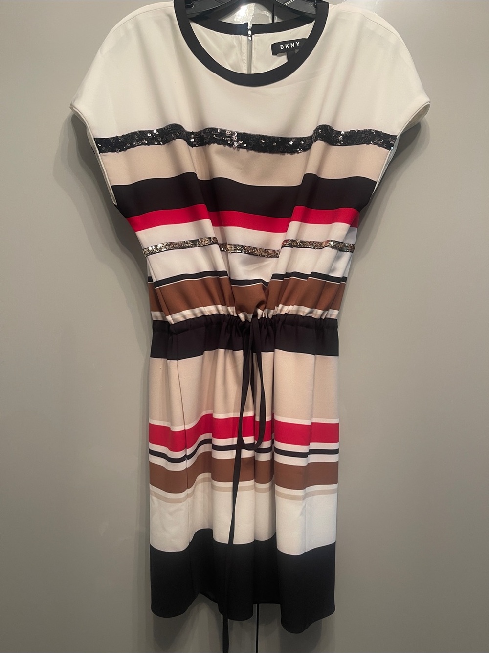 DKNY Ivory, Black, Red & Brown Striped Drawstring Midi Dress